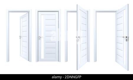 Set of 3D modern realistic doors with vertical glass stripe and horizontal wooden planks. Contemporary style wood and plastic entrances isolated on wh Stock Photo