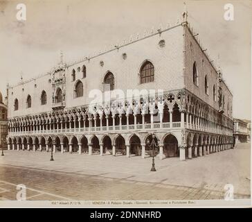 Palazzo Ducale (Doge's Palace), Venice, albumin paper, black and white positive process, image size: height: 20.20 cm; width: 25.00 cm, VENEZIA - Il Palazzo Ducale. (Giovanni, Bartolomeo e Pantaleone Bon.) Recto completed with lead: 1423-38, 1310-1340, travel photography, architectural photography, architecture, palace, hist. building, locality, street Stock Photo