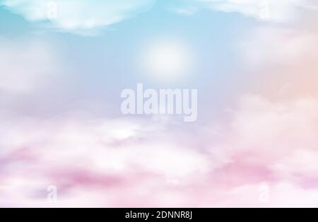 Pink sky heaven with clouds, baby background. Sunset or sunrise nature landscape white,and lilac fluffy clouds. Evening or morning vivid fantasy unico Stock Vector