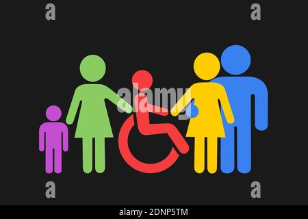 Inclusion - disabled person with phsical disability and special needs is accepted by team, family, group of people. Acceptance and social inclusivity. Stock Photo