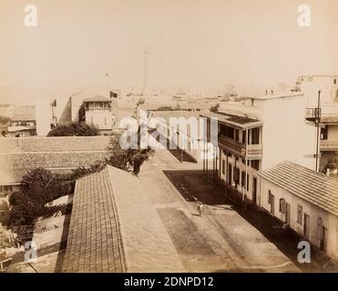 Hippolyte Arnoux, Port Said, albumin paper, black and white positive process, image size: height: 23 cm; width: 28.2 cm, inscribed: verso top left: in lead: Port Said, travel photography, architectural photography, roof, house, building, hist. place, town, village, lighthouse, lightship, lightship Stock Photo