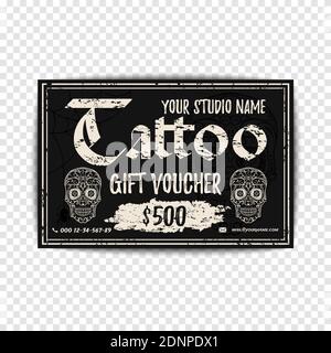 Vintage Tattoo gift voucher. Black grunge gift card with sugar rskull. Template for your tattooshop. Stock Vector