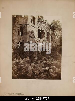 Georg Maria Eckert, Verlag von Fr. Bassermann, Madenburg Castle Ruins, albumin paper, black and white positive process, image size: height: 26.50 cm; width: 20.40 cm, inscribed and dated: Cardboard recto and left: handwritten with black ink: Auf der Madenburg. 1870 (Magdenburg) near Landau bayr. Pfaltz destroyed in 1689. and handwritten in lead III. 48, dry stamp: cardboard recto o. center: PUBLISHED BY FR. BASSERMANN HEIDELBERG, architectural photography, architecture, castle, palace, ruin house, palace or castle, Eschbach (Pfalz Stock Photo