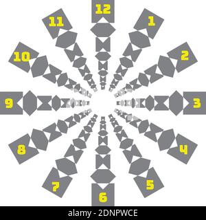 clock dial gray rectangle diamond alternating signs yellow numbers on transparent background Stock Vector