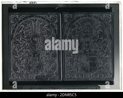 Wilhelm Weimar, filling plate of a chest with the coats of arms of Sestede and Ahlefeld, glass negative, black and white negative process, total: height: 23.8 cm; width: 17.8 cm, numbered: top left: in black ink: 1203, arts and crafts, industrial design, work of applied arts (wood, z. e.g. panelling), coat of arms shield, heraldic symbol, dog, armor, tanks, cupids, putti, ornaments Stock Photo