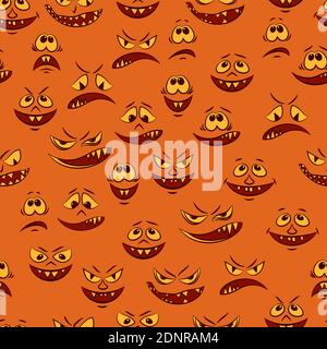 Seamless Pattern, Cartoon Characters, Funny Smiles, Monsters Faces with Various Human Emotions, Tile Background. Vector Stock Vector