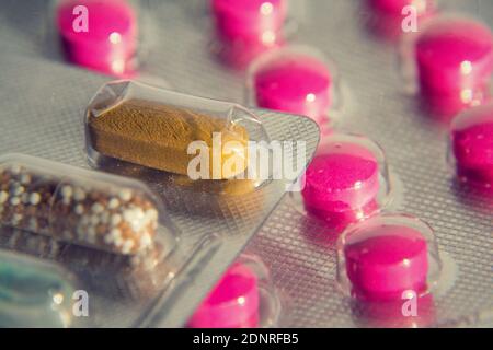 High Angle View Of Various Medicines On Table