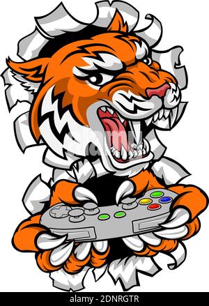 Tiger Gamer Video Game Controller Cartoon Mascot Stock Vector