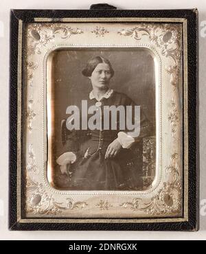 woman, Daguerreotype, Picture Size: Height: 4,70 cm; Width: 3,60 cm, Portrait Photography, Woman, sitting figure, half-length portrait Stock Photo
