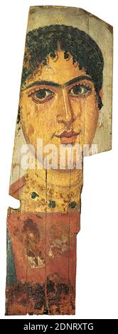 Mummy Portrait of a Woman, wood, encaustic, wood, total: height: 36 cm; width: 11.5 cm; depth: 0.1 cm, mummies, bust, en face, portrait of the dead, woman, late imperial period, The portrait of a woman is painted with wax colors (encaustic). A mixture of beeswax, olive oil and resin served as a binding agent. The woman has a complicated hairstyle and is decorated with earrings and a golden chain with green gems. She is wearing a red robe. Stock Photo