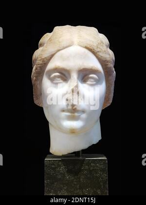 Portrait of a young Roman woman, marble, chiseled, marble, Total: Height: 28 cm; Width: 19 cm; Depth: 21.5 cm, sculptures, three-dimensional sculptures, portrait, head, face, Bruttia Crispina, Middle Imperial Period, Commodus, Septimius Severus, Roman Antiquity, The delicately moving face of porcelain-like smoothness contrasts clearly with the rough surface of the hair sections. This contrast is one of the main attractions of this qualitatively excellent head, of which it cannot be said with certainty whether it was once part of a statue or bust. Stock Photo