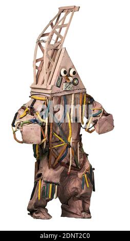 Walter Holdt, Lavinia Schulz, mask figure technique (for Holdt), linen fiber, Total: Height: 226 cm (with unfolded rocker); Width: 50 cm; Depth: 36 cm, mouth with illegible writing [DAS SCHES?F? IIIIII], costume/mask picture, expressionism Stock Photo