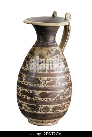 Maler von München, Olpe (animal frieze), clay, quickly turned, painted (ceramic), alternately fired, clay, Total: Height: 42 cm; Diameter: 20 cm; Muzzle diameter: 17 cm; Base diameter: 11 cm, ceramic, animals, animals as ornament, antiquity, The Olpe, composed of larger pieces, picks up a form common in Corinthian vase art The more fleeting painting as well as the clay reveal that this jug is an Etruscan work that was intended to imitate Corinthian pieces. The body of the jug is sack-shaped; a narrow beaded ring at the neck. Stock Photo