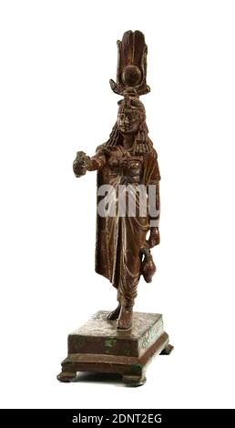 Statuette of the Goddess Isis, Bronze, Cast, Bronze, Total: Height: 18,5 cm; Width: 4,7 cm; Depth: 7,2 cm; Height: 16,5 cm ((figure)), Three-dimensional sculptures, Votive gifts, Isis (Roman religion), Early Imperial Period, The goddess Isis was one of the most powerful deities of ancient Egypt. She was the sister-wife of the mummiform god Osiris and mother of the falcon-headed Horus, whose embodiment on earth was the pharaoh. Isis was thus the divine mother of the pharaohs. At the same time she was considered - like the goddess Hathor - the eye of the [sun god] Re. Stock Photo