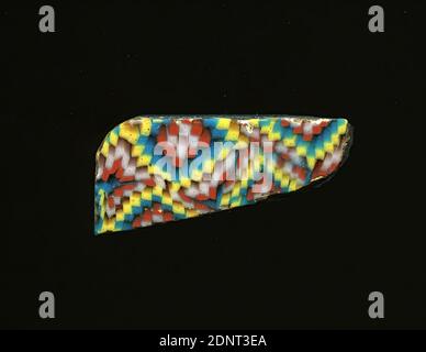 Mosaic glass fragment, glass, pressed, cut, glass, Total (c): Height: 1.70 cm; Width: 3.10 cm, Floor coverings, wall decoration, Early Imperial Period, The glass fragment shows colorful (yellow, white, turquoise, red and brown) squares, which are put together to form large rectangles. In Roman times, colored, ornamented glass was used for vessels, mosaics, wall decorations and furniture ornaments. For the production different colored glass was formed into tubes and rods. These were pressed together and heated, resulting in a long rod. Stock Photo
