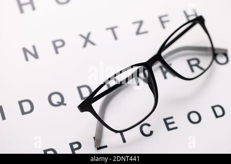 Glasses for vision in black frames lying on test chart closeup Stock Photo