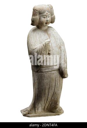 Grave figure of a court lady, Earthenware, painted (ceramic), Total: Height: 64.50 cm; Width: 25.00 cm; Height: 19.00 cm, Grave goods, Woman, Royal Court; Courtiers, entourage, Tang Dynasty, The two court ladies come from a grave of the 8th century. This period represents the peak of grave sculpture in China. According to Chinese belief, the spirit of the deceased lived on. Therefore, the grave furnishings had to ensure that he would be able to stay in the afterlife in a manner befitting his status. The two ladies embody the ideal of beauty of their time in their chubbiness. Stock Photo