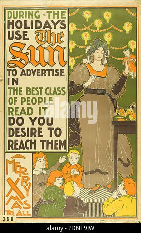 Louis John Rhead, Liebler & Maass, The Sun, paper, lithography, total: height: 127 cm; width: 79,5 cm, monogrammed: lower left in printing form: J.L.R, product advertising (posters), newspapers, magazines, Christmas (non-liturgical), Christmas tree, children, doll, gifts, art nouveau Stock Photo