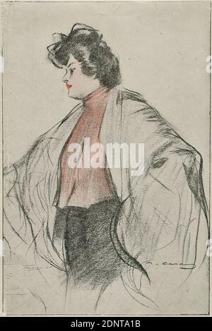 J. Thomas (Barcelona), Ramon Casas i Carbó, cover of a series of postcards with portraits of women, printed by J. Thomas, Barcelona, cardboard, autotype, image size: height: 14.3 cm; width: 9.6 cm, signed: in the printing plate: R. Casas, typographic postcard print, picture postcards, full-length portrait, standing figure, woman, jacket, coat, cape, cape, dress, peoples and nationalities Stock Photo