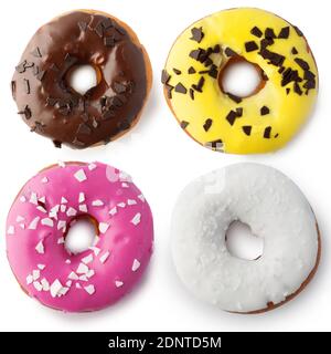 Set of different donuts top view isolated on white background. Stock Photo