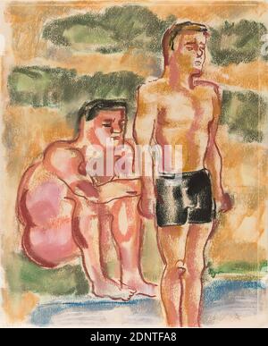 Gustav Heinrich Wolff, Two bathers at the lake, pastel chalk, drawing paper, drawing, pastel on thin drawing paper, total: height: 37.1 cm; width: 30.6 cm, dated: recto lower left with pencil: 26.6. 30, Drawing, graphic, Free graphic, standing figure, young man, youth, bathing (movement in water), sitting figure, Classic Modernism, color sketch of two youth in swimming trunks and free upper bodies at a water body, one sitting, one standing in front of a suggested landscape. Single sheet from a sketchbook 1929/30 Stock Photo