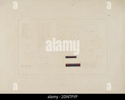 Royal Saxon. Court lithograph and lithography by Fürstenau & Co, Dresden, Gottfried Semper, Temple de Thésé Athène. Plate 1 from the panel work Anwendung der Farben in der Architektur und Plastik by Gottfried Semper, issue 1, Dresden 1836, old stock, paper, opaque watercolor, lithograph, colored, sheet size: height: 43.3 cm; width: 57.8 cm, inscribed and dated: recto: lithographic: No. 1, TEMPLE DE THÈSÈ ATHÈNE, DETAILS DE L'ORDRE EXTÈRIEUR, Dec. Stock Photo