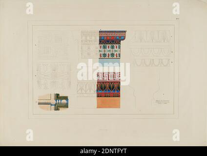 Royal Saxon. Court lithograph and lithography by Fürstenau & Co, Dresden, Gottfried Semper, Détails de l'intérieur du féristil du Temple de Thésé à Athène. Plate 2 from the panel work Anwendung der Farben in der Architektur und Plastik by Gottfried Semper, issue 1, Dresden 1836, old stock, paper, opaque watercolor, lithograph, colored, sheet size: height: 42.3 cm; width: 58.8 cm, inscribed: recto: lithographic: No. 2, DÉTAILS DE L'INTÈRIEUR, DU FÉRISTIL DU TEMPLE DE THÈSÈ ATHÈNE, Fürstenau & Co, portfolio works, architectural details, plant ornaments, architecture, ornaments Stock Photo