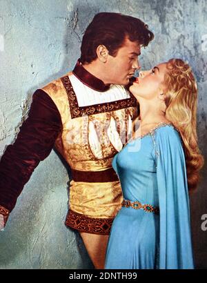 Colour film still of Tony Curtis (1925-2010) and Janet Leigh (1927-2004) from 'The Black Shield of Falworth'. Stock Photo