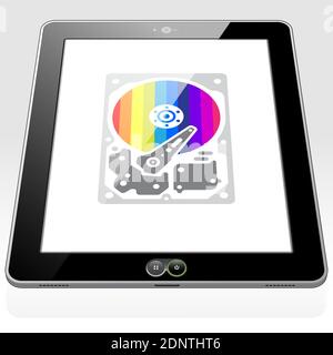 A Tablet PC syncing information and data to the Data Cloud. A virtual Hard Drive icon – symbol is presented on screen. Stock Vector