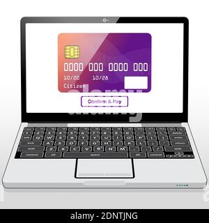 A credit card graphic and purchase button presented on a Laptop Computer screen. Stock Vector