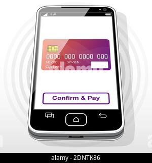 A credit card graphic and purchase button presented on a Smart Phone screen. Stock Vector