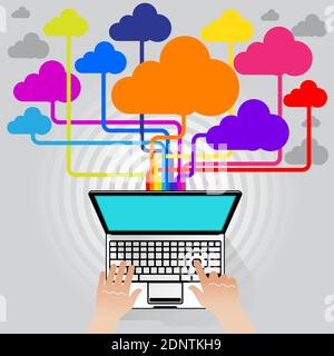 A top-down view of a Laptop computer streaming information and data to and from the internet at Super Hi Speeds via a 5G network connection. Stock Vector