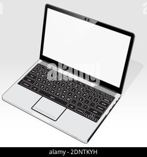 A right top view of a laptop computer with a blank screen detail. Stock Vector