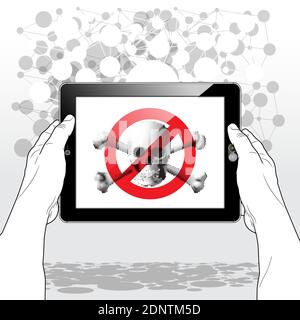 A Tablet PC horizontally held in both hands. An icon presents a "No Pirated content installed" is displayed on screen. Stock Vector