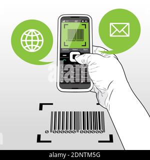 A "Handset Phone" scanning a Bar Code. Call out speech balloons indicates a website (Globe icon) and email (Envelope icon). Stock Vector