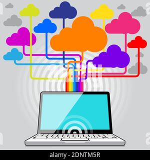 A Laptop Computer streaming information and data to and from the WWW at Super Hi Speeds via a 5G network. Stock Vector