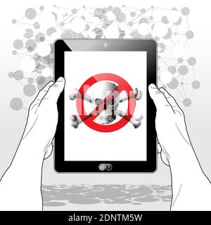 A vertical held Tablet PC presenting a "Pirated Content not allowed " symbol on screen. Stock Vector