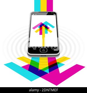A Smart Phone streaming hi-speed internet data in both directions wirelessly. Stock Vector