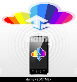 A Smart Phone hi-speed data streaming to the internet information cloud. Stock Vector
