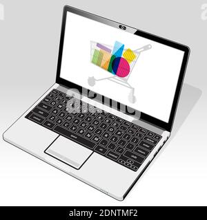 A laptop computer accessing online retail shopping. A shopping cart icon is presented on screen. Stock Vector