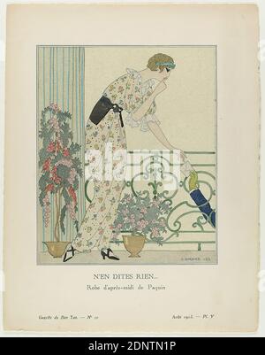 George Barber, N'en dites Rien. Robe d'après midi de Paquin (Illustration from Gazette du Bon Ton, No.10 - Août 1913), paper, opaque watercolor, line over-etching, stencil printing (pochoir), pochoir and line etching, Total: Height: 24,5 cm; Width: 19 cm, signed and dated: recto u. r. in plate: G. BARBIER 1913, inscribed: recto u. in plate: N'EN DITES RIEN, Robe d'après-midi de Paquin, printmaking,printing, woman, fashion, clothing, dress, art deco Stock Photo