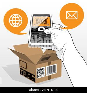A Mobile Phone scanning a QR Code on a delivered open cardboard package. Call out speech balloons highlight email and a web page. Stock Vector