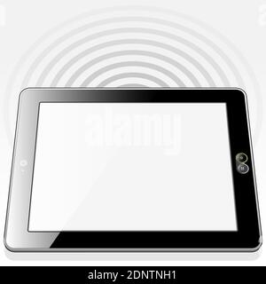 A top front angle view of a Tablet PC presenting a blank screen detail. A 5G mobile signal is positioned behind the Tablet device. Stock Vector