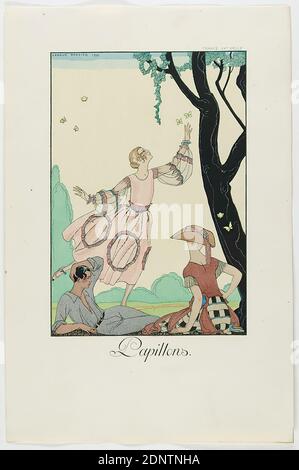 George Barbier, Meynial éditeur, Paris, Papillons, from the fashion almanac Falbalas et Fanfreluches 1922, handmade paper, non-opaque watercolor, etching, stencil printing (pochoir), pochoir and etching, sheet size: Height: 24,6 cm; Width: 16,2 cm, signed, dated and inscribed: in the printing plate: GEORGE BARBIER 1921, Papillons, labeled: in the printing form: FRANCE XXe SIECLE, graphics, fashion, clothing, women's fashion, butterfly, dress, enjoying nature, fashion, art deco Stock Photo