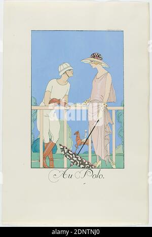 George Barbier, Meynial éditeur, Paris, Au Polo, from the fashion almanac Falbalas et Fanfreluches 1924, handmade paper, non-opaque watercolor, etching, stencil printing (pochoir), pochoir and etching, sheet size: Height: 25,5 cm; width: 16,5 cm, signed, dated and inscribed: in the printing plate: GEORGE BARBIER 1923, Au Polo, inscribed: in the printing form: FRANCE XX SIÈCLE, Graphics/Prints, Fashionable, elegant woman, 'Belle', Man, Relations between the sexes, Sports, Games, Art Déco
