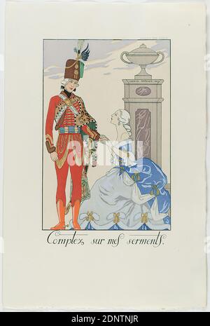 George Barbier, Meynial éditeur, Paris, Complez sur mes serments, from the fashion almanac Falbalas et Fanfreluches 1924, handmade paper, non-opaque watercolor, etching, stencil printing (pochoir), pochoir and etching, sheet size: Height: 25,3 cm; width: 16,7 cm, signed, dated and inscribed: in the printing plate: GEORGE BARBIER 1923, Complez sur mes sermets, inscribed: in the printing form: HONGRIE XVIII SIÈCLE, prints, printed matter, kneeling figure, relations between the sexes, uniforms (military), dress, folk costume, regional costume, Art Déco Stock Photo