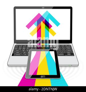 Tablet and Laptop PC overlaid with 3 overlapping arrows representing a strong data stream wirelessly uploading to the Cloud / Internet. Stock Vector