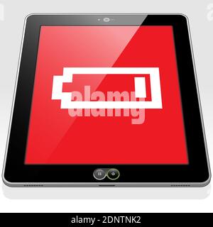 A Tablet PC with a very low, almost empty battery power charge icon on screen. Stock Vector