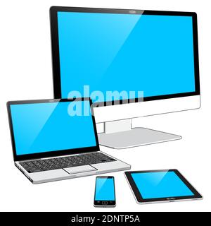 A grouped collection of 4 current Devices - A Smart Phone, Tablet PC, Laptop PC and a Large Display “All in One” PC. Stock Vector