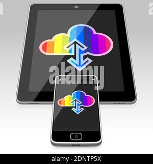 A Tablet PC and Smart Phone transferring hi-speed data to the internet information cloud. Stock Vector